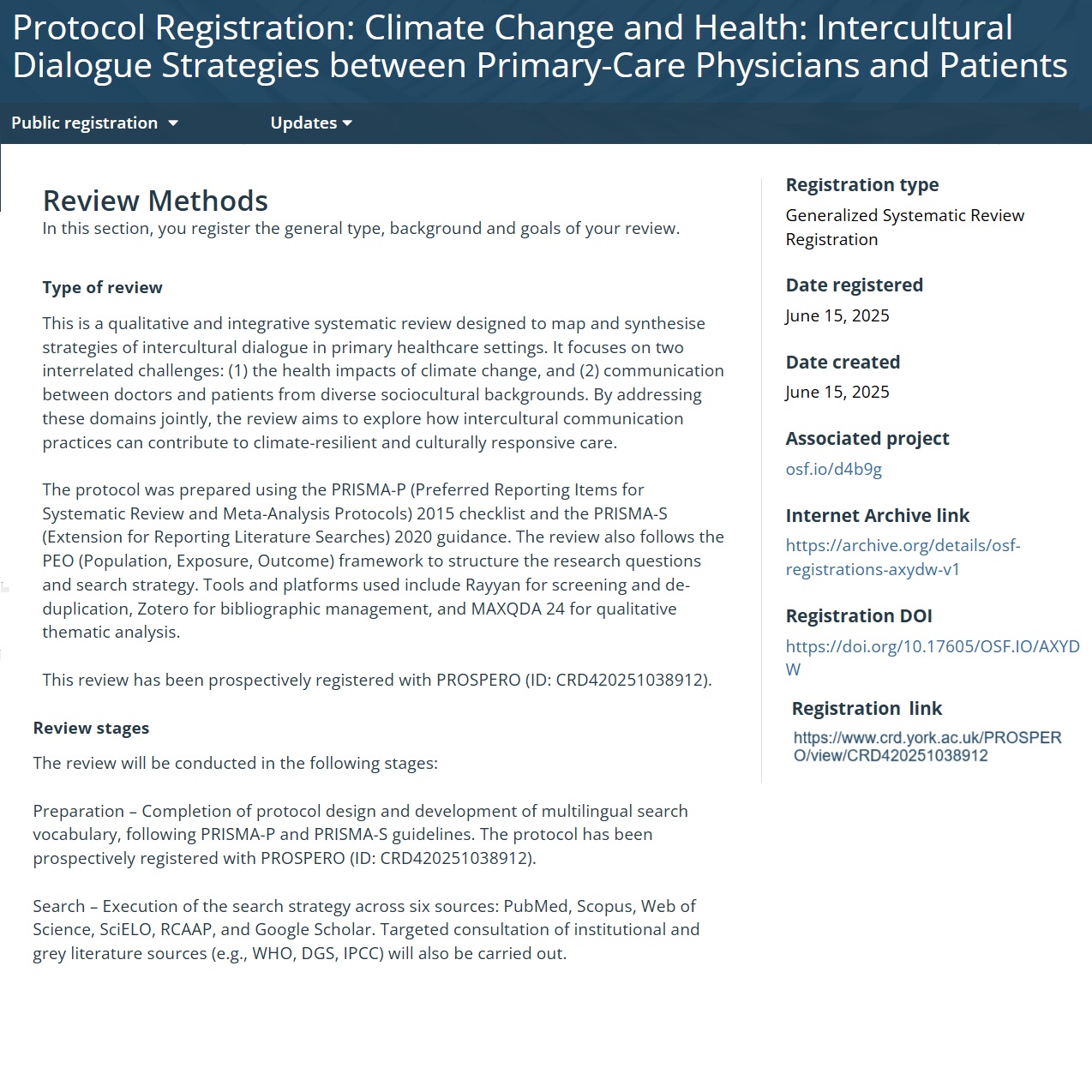 Registo do Protocolo: Alterações Climáticas e Saúde: Estratégias de Diálogo Intercultural entre Médicos de Cuidados Primários e Pacientes – Uma Revisão Sistemática